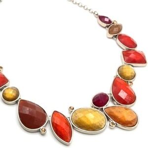 Premier Designs Poppy Silvertone and Fall Colored Acrylic Statement Necklace 16"